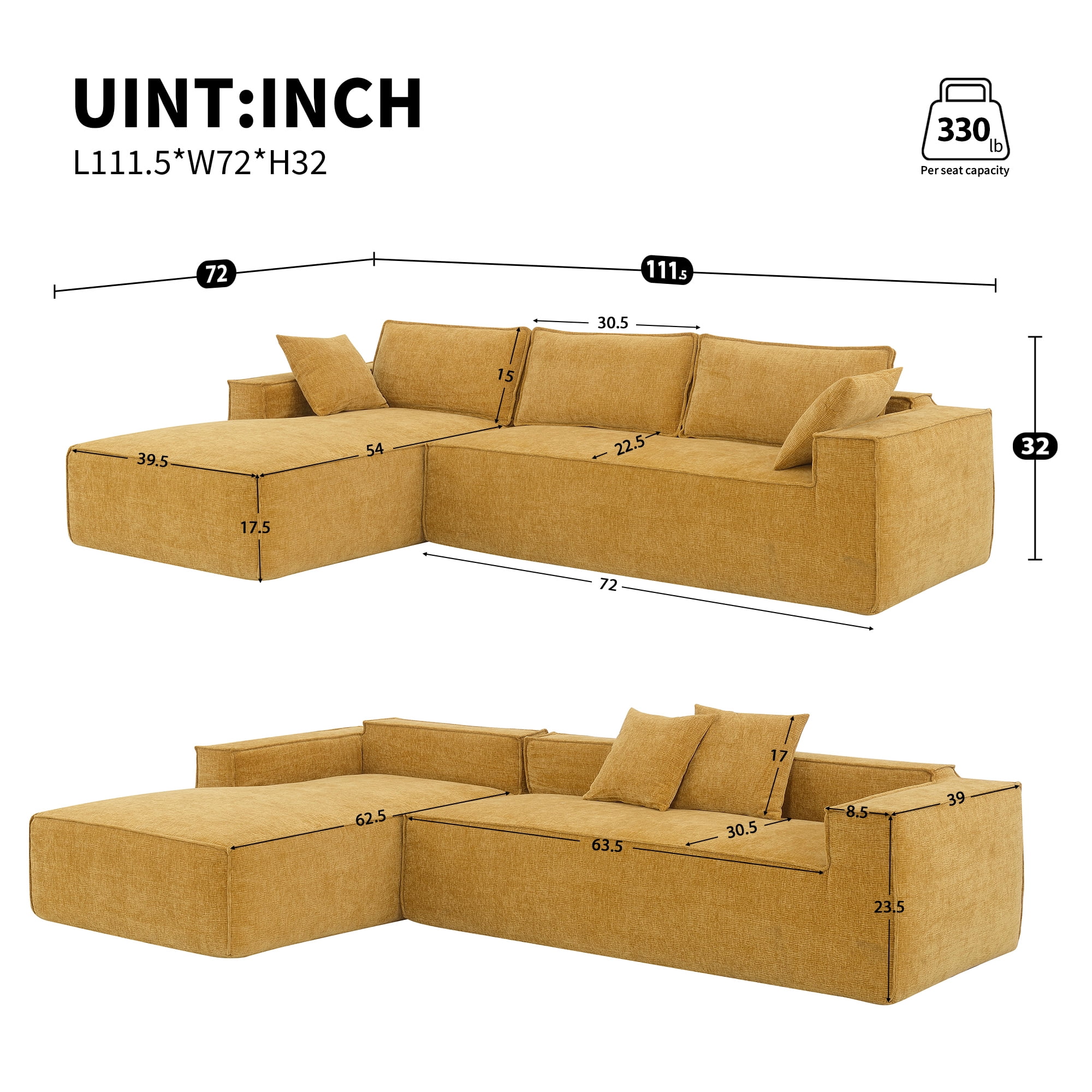 EUROCO 111.5" Minimalist Style L-Shaped Modular Sectional Sofa Couch, Wrinkle-resistant Chenille Sleeper Sofa Bed with All-Sponge Construction, 2 PIC Free Combination No Assembly Require, Yellow