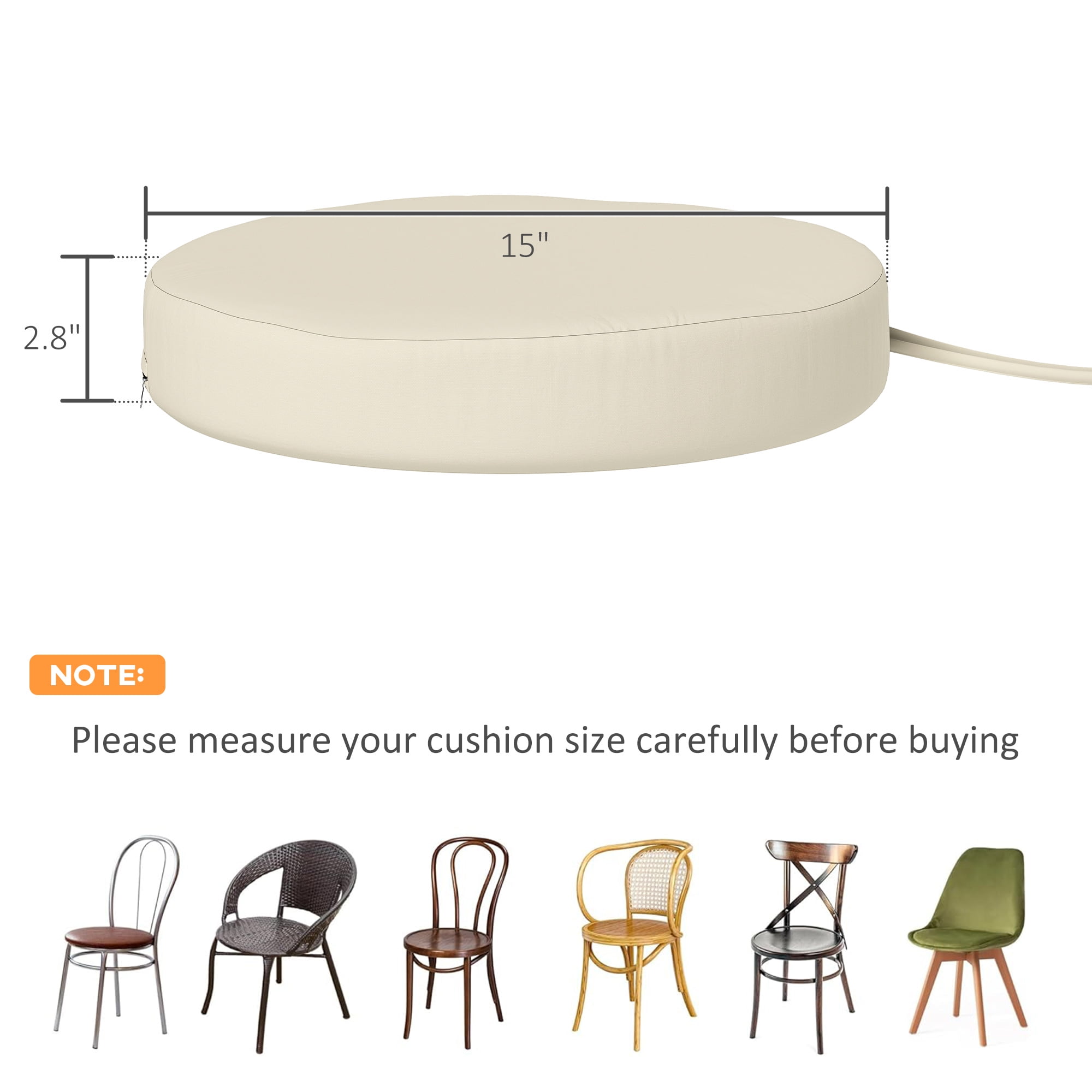 Outsunny Outdoor Chair Cushions Set of 4, Round Seat Cushions for Dining Chairs Bistro Chairs with Machine Washable Cover, 15" x 15" x 3", Cream White
