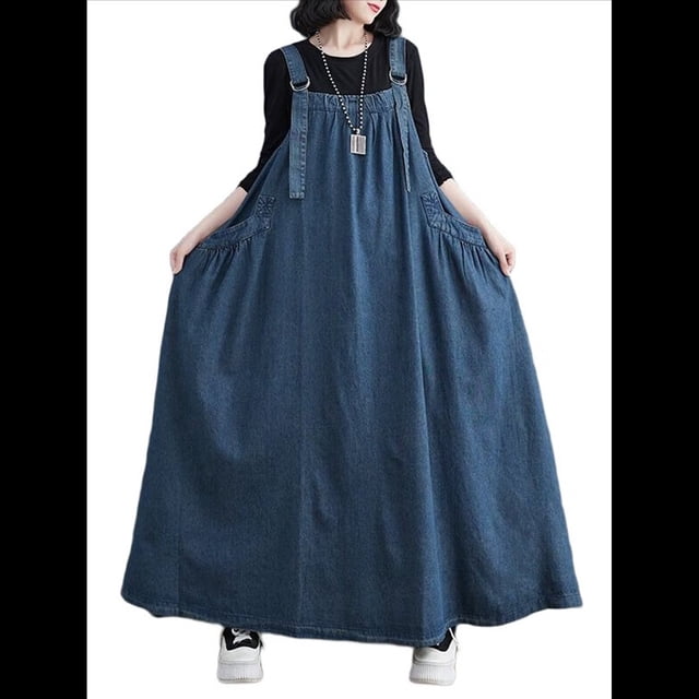 Vestido Vaquero Holgado para Mujer, Versión Holgada, Maxi, Tirantes Ajustables, Dobladillo Azul L