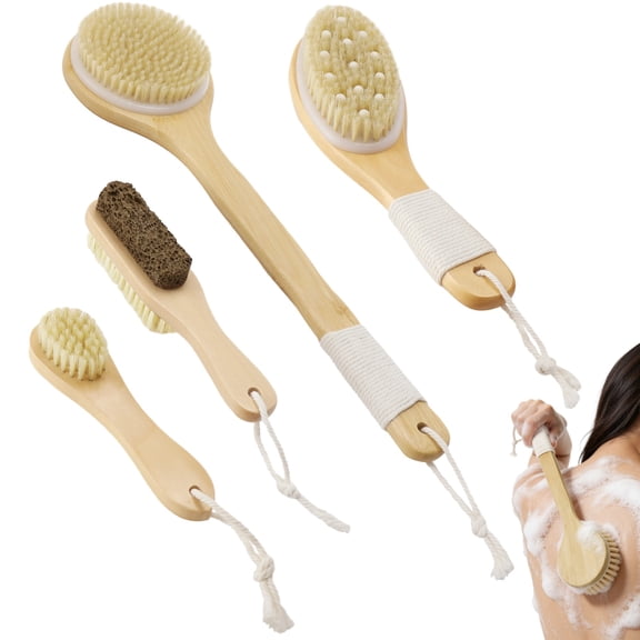 Dry Brush Set of 4, Dry Brushing Body Brushes with Boar Bristles & Handles, Bath Shower Exfoliating Tools for Faces, Backs, Feet Treatment