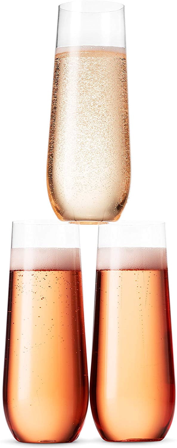 36 Pack Stemless Plastic Champagne Flutes Disposable 9 Oz Clear Plastic Toasting Glasses Shatterproof Recyclable and BPA-Free