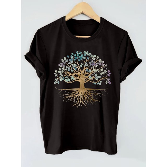 Vibrant Tree Print Short Sleeve Crew Neck Casual T-Shirt - Soft Cotton Fabric, Mid Elasticity, Regular Length, Machine Washable - Perfect for Summer and Spring, Womens Clothing
