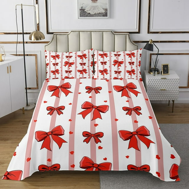 Erosebridal Princess Bowknot Bedspread Sets Queen Size, Red Ribbon Bed Quilt, Cartoon Stripes Decor