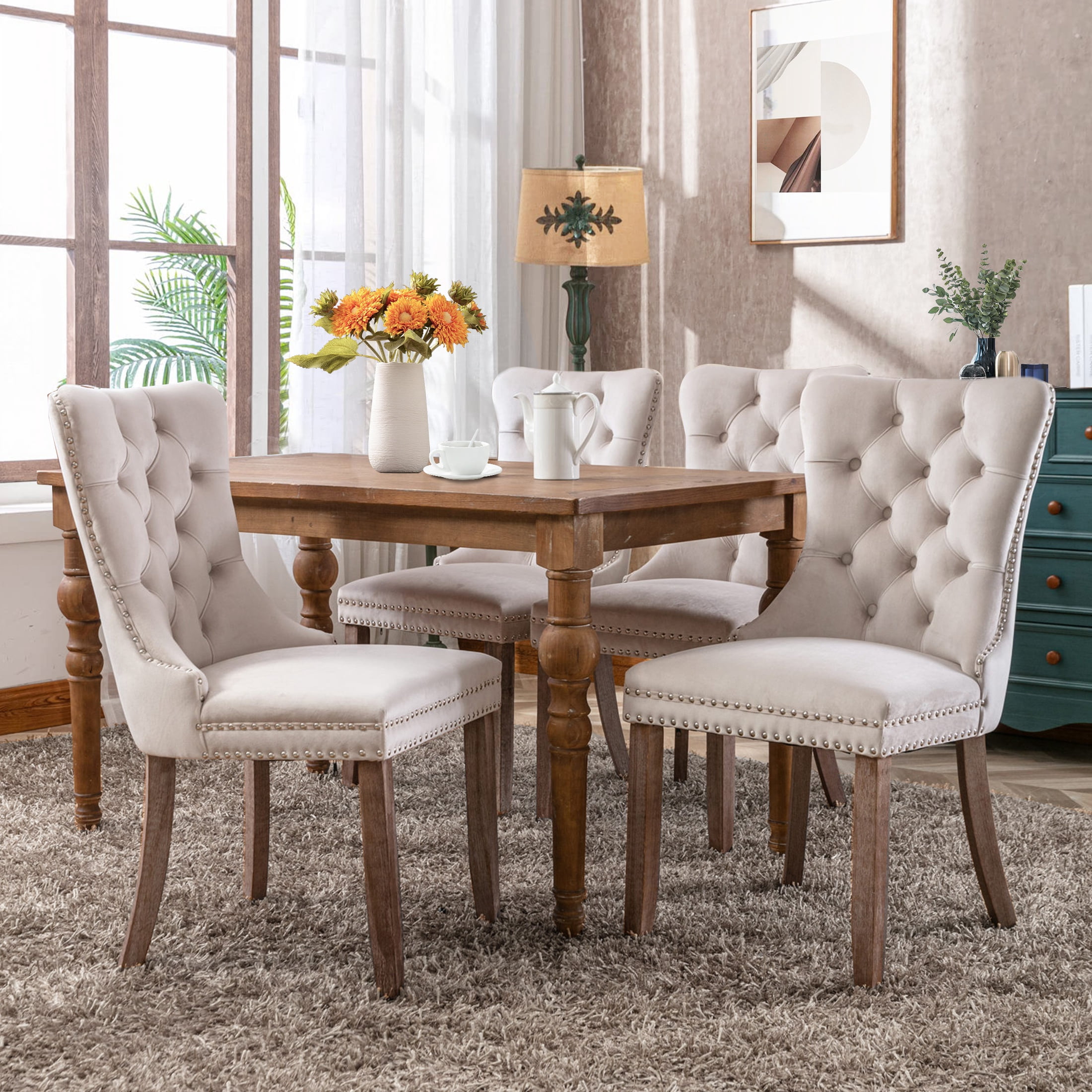 PORKISS Dining Chairs Set of 4, Upholstered High-End Tufted Dining Room Chair with Back Ring and Nailhead Trim, Modern Velvet Chairs with Solid Wood Legs for Kitchen,Beige