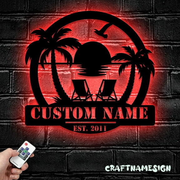 Craftnamesign Custom Lake House Metal Wall Art LED Light, Custom Nautical Beach House Name Sign