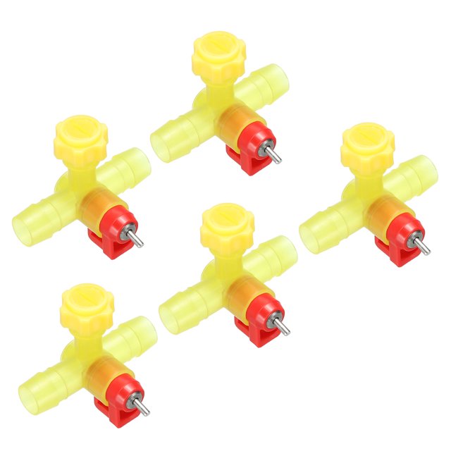 Dispensador de agua automático para pollos Uxcell, bebedero de pezón, agua de tres vías, paquete de 5 en rojo y amarillo