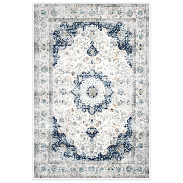 Meafeng 2.6' x 3.9' Area Rugs, Washable Vintage Rugs for Living Room Bedroom, Low Pile Non-Slip Carpet 3x4, Blue