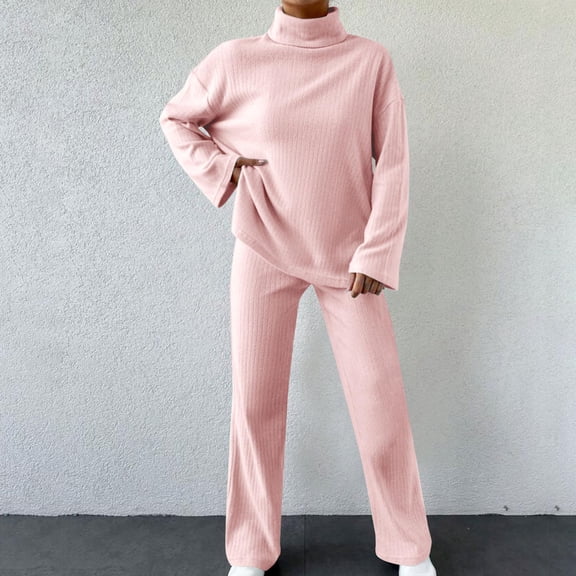 PNTUTB Women's Fall Outfits Lounge Sets Solid Color Mock Neck Side Slits Top Wide Leg Pant Casual Loose Comfort 2 Piece Sets