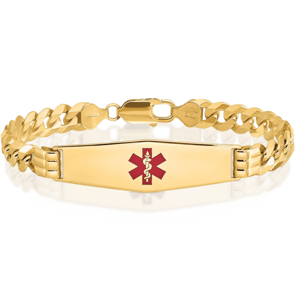 14K Solid Yellow Gold Medical Alert Curb Link Name Bar Identification ID Bracelet