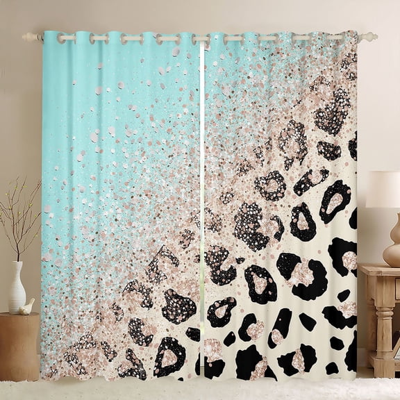 Castle Fairy Teens Gradient Cheetah Print Black Out Curtains,Blue Brown Ombre Curtains Pack of 2 (42x63 Each),Abstract Bling Glitter Bedroom Curtains,Super Cozy Room Decor