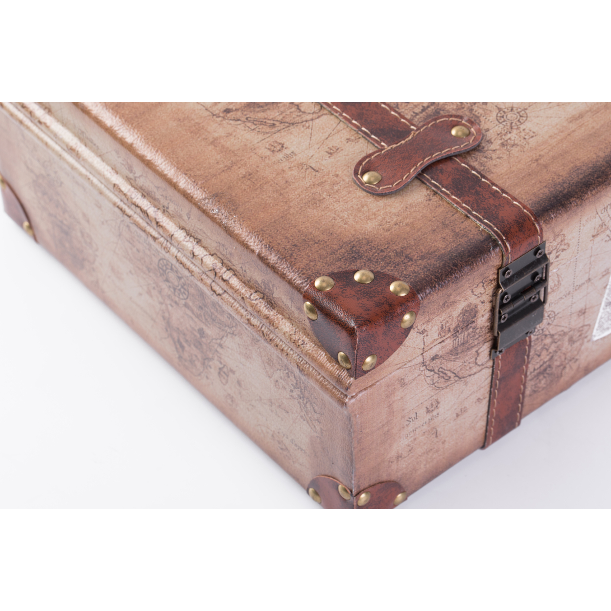 Set of 2 Vintage-Style World Map Leather Suitcase Trunks with Straps and Handle - image 5 of 6