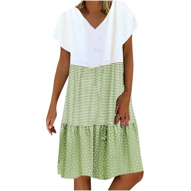 CHOK Robe Mini Décontractée pour Femme Grande Taille Été Ample Mode Patchwork Col en V à Rayures à Pois Manches Courtes Volant Ourlet à Étages en Lin Robe de Plage Soleil en Liquidation