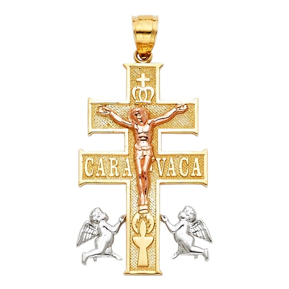 14K Tri Color Gold Religious Cross of Caravaca Charm Pendant For Necklace or Chain