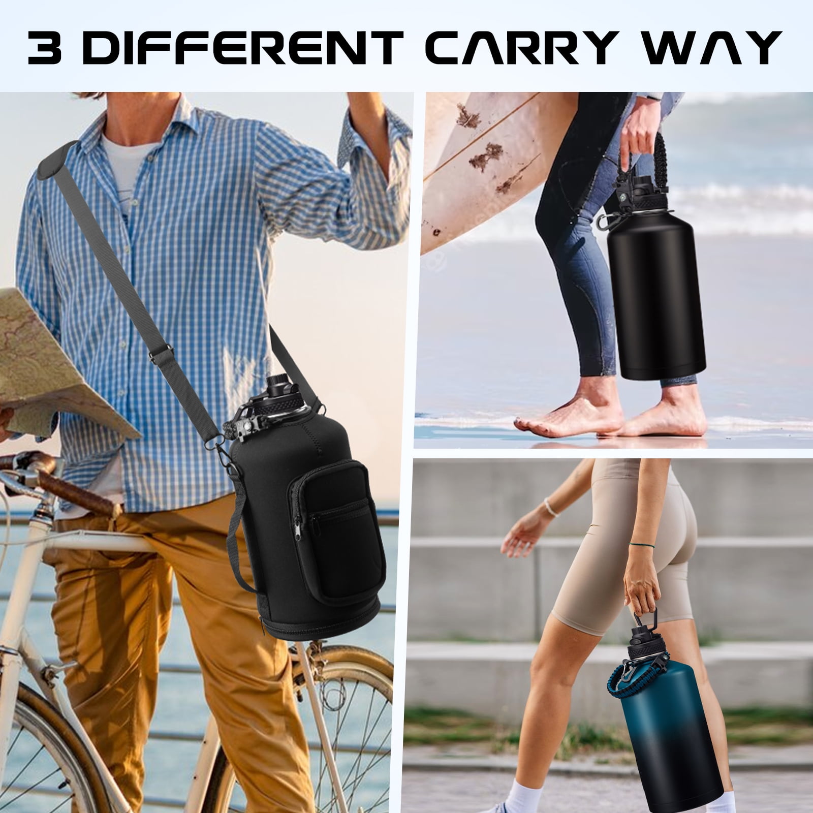 128oz Insulated Water Bottle Flask with Straw, Auto Spout Lids, Paracord Handle & Bottle Carrier, Vacuum 1 Gallon Stainless Steel Water Jug for Travel Hiking Camping Work