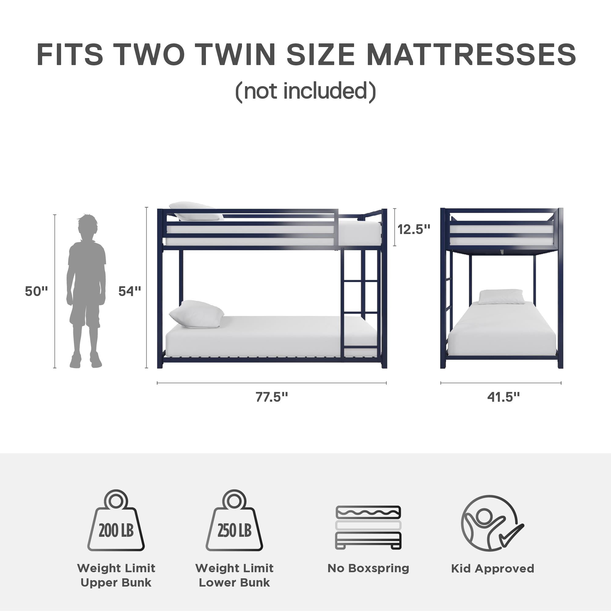 DHP Miles Low Bunk Bed for Kids, Twin Over Twin, Blue