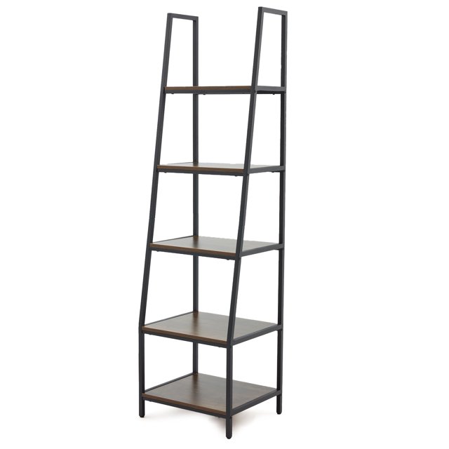 JOMEED Industrial 5 Tier Open Shelf Ladder Bookcase, Gray & Brown