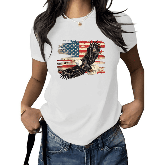 Cozymy Women's American Flag Eagle Graphic Short Sleeve T-Shirt Vintage Patriotic Print Cotton Crewneck Casual Relaxed Fit Tops