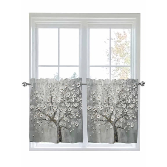 Half Window Curtain 36 Inches Long, Grey Flowers Window Treatment Curtain Drapes, Spring Floral Modern Oil Painting Art Small Tier Curtains for Bathroom Over Sink, 27.5"x36", 2 Panels