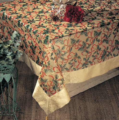 Holly Ribbon Holiday Christmas Sheer Tablecloth with Gold Satin Border and Tassels (36-inch