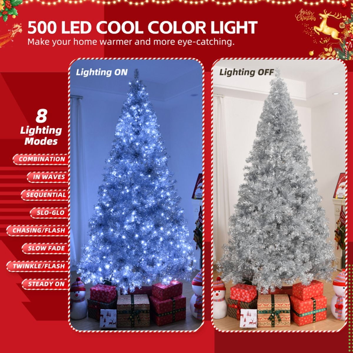8ft Pre-lit Silver Christmas Tree with 500 Lights & Remote, 1350 Branch Tips, Artificial Xmas Tree for Home/Office Holiday Decor