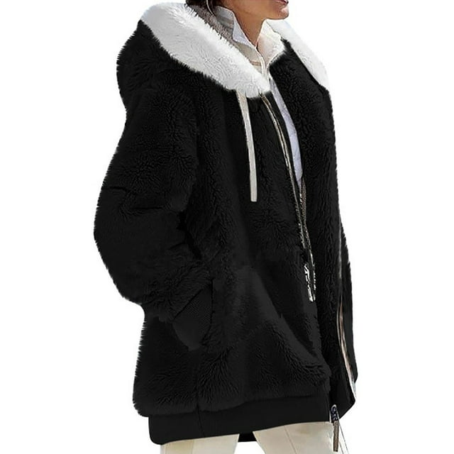 Innerwin Outwear Open Front Women Hooded Cardigan Winter Solid Color Warm Fuzzy Fleece Jacket Black 4XL