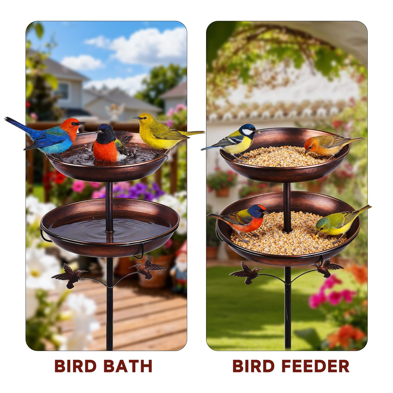 SLUMLOVE Metal Bird Bath for Outside, Rustproof Outdoor Bird Feeder, 45" Vintage Metal Birdbath with Reinforced 5-Prong Base for Garden and Patio Decor, Double Bowl Design