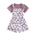 thumbnail image 2 of Musuos Kid Girl Summer Outfit 12 18 24M 3 4 5T Solid Color Ribbed Short Sleeve Crew Neck T-Shirt with Daisy Print Overall Shorts Set, 2 of 10