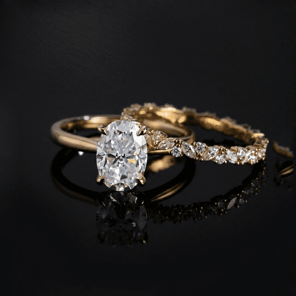 Diiro 2 PC Oval Cut Moissanite Engagement Ring for Women, 14K Gold Vermeil Solitaire Ring with Pavé Floral Band, Elegant Wedding and Promise Ring