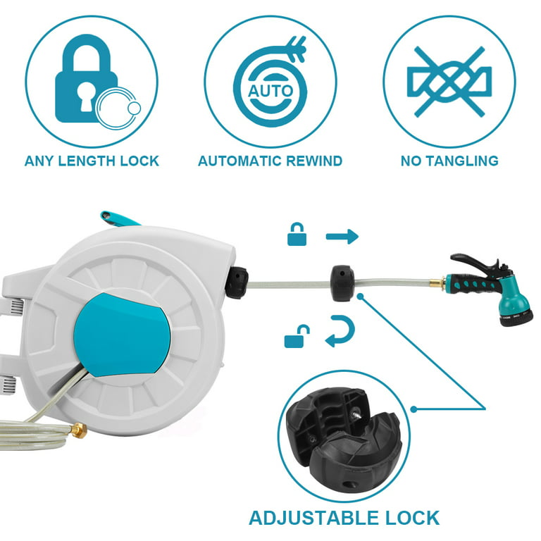 Retractable Garden Hose Reel 100ft: PolarcoForgeco 1/2 Inch x 100 ft Wall  Mounted Water Hose Reel with 10-Function Sprayer Nozzle, Any Length Lock
