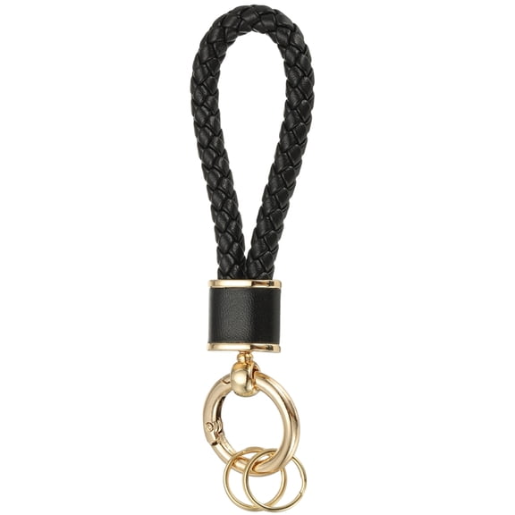 Uxcell 1 Pack Braided Leather Keychain, Keychain Ring Woven Strap Lanyard Strap with 360 Degree Rotatable for Car Key Bag Wallet, Gold/Black