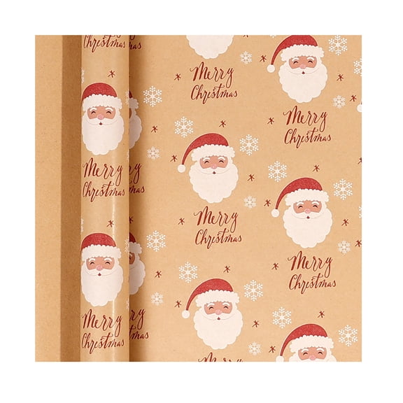 Vintage Christmas Wrapping Paper Roll, 17 Inches X 10 Feet Brown Kraft Paper with Cute Santa Design for Holiday Gift Wrapping