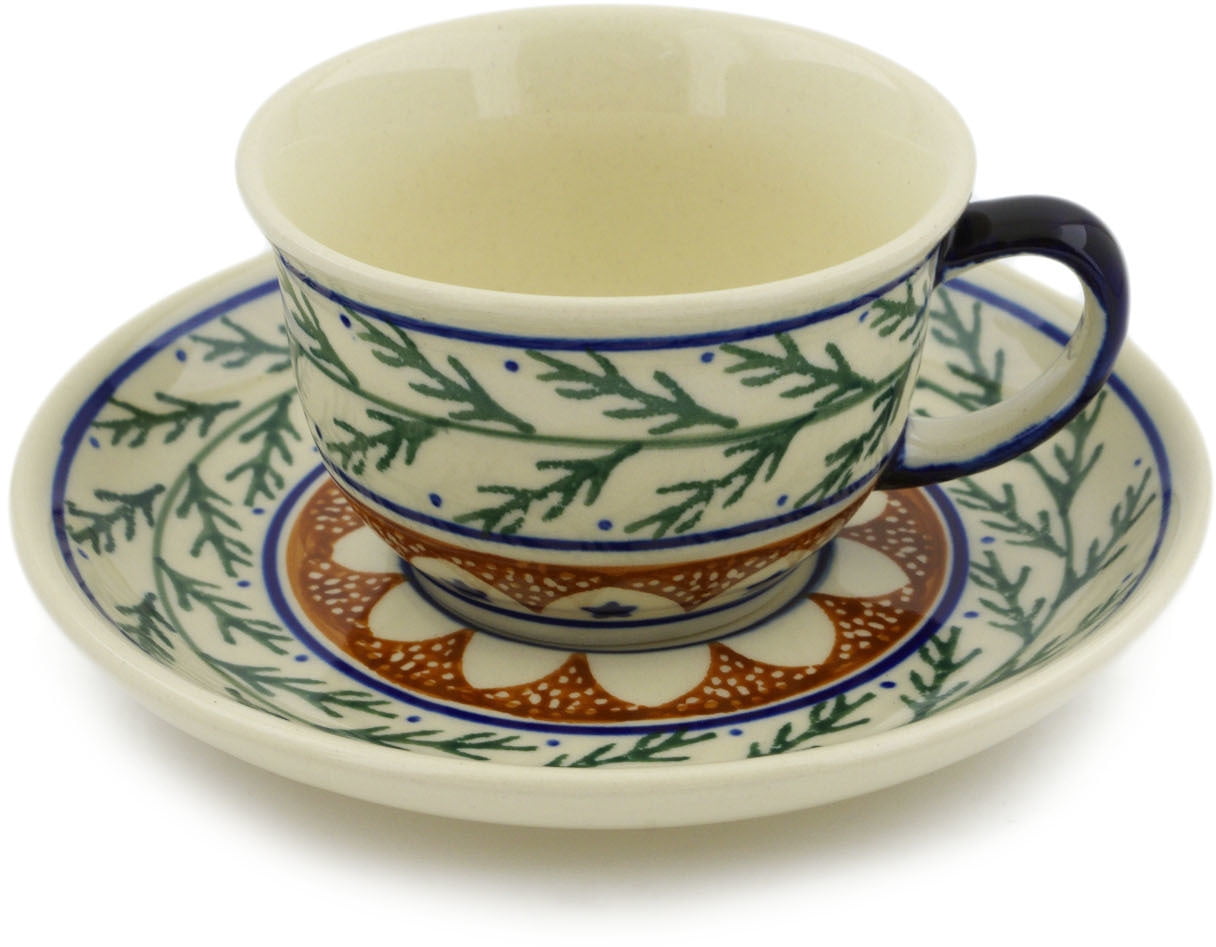 Polish Pottery 4 oz Cup with Saucer (Pine Boughs Theme) Hand Painted in