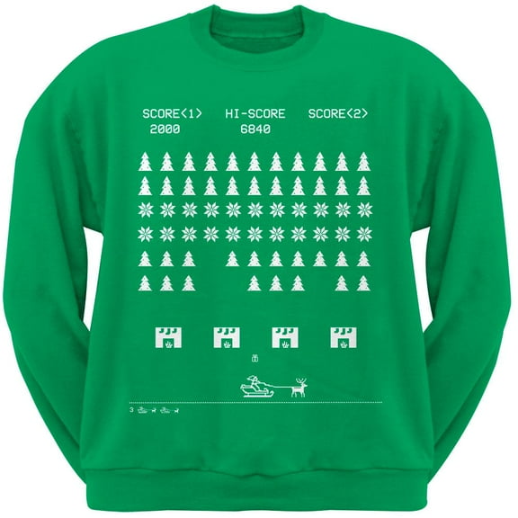 Classic Arcade Game Ugly Sweater Green Adult Crew Neck Sweatshirt