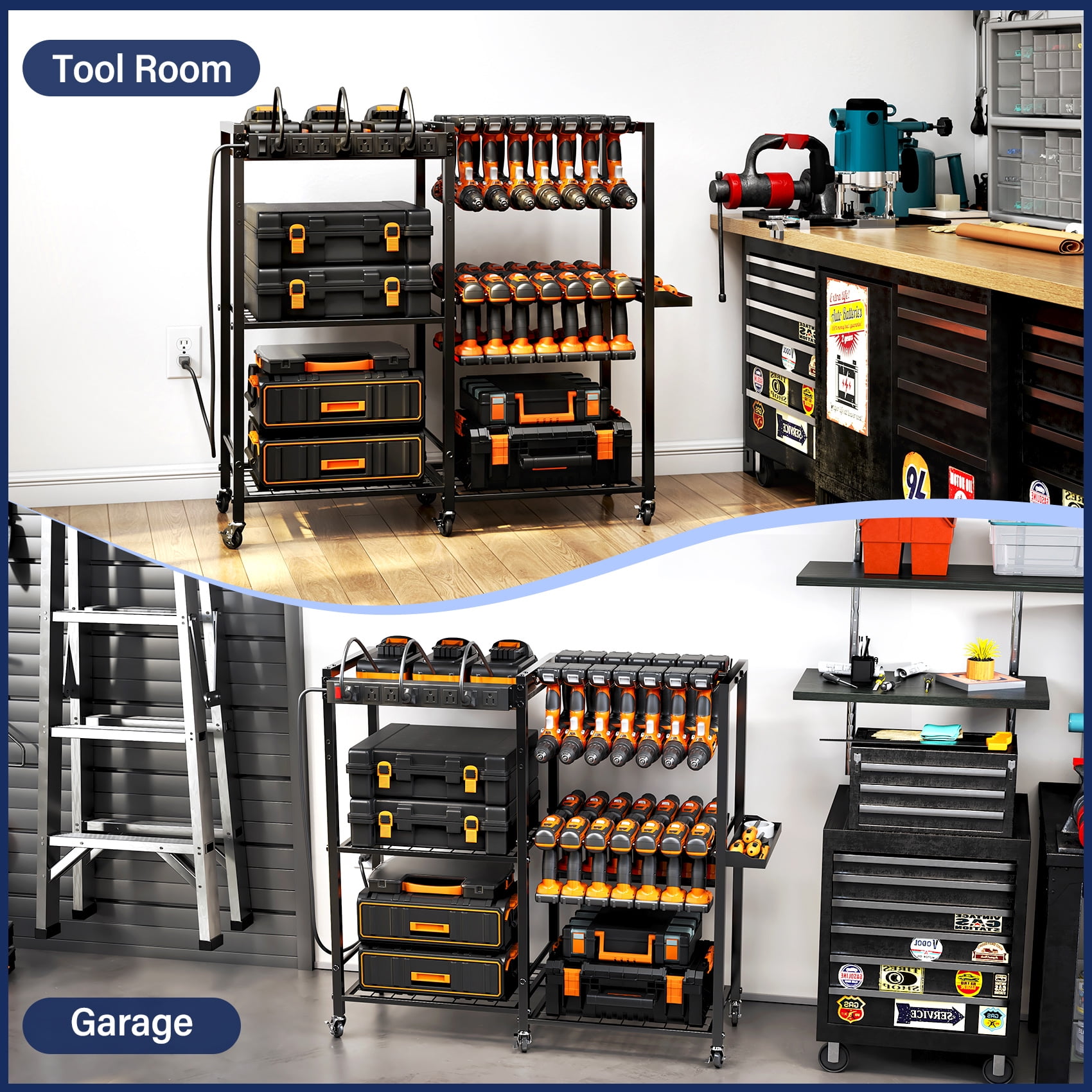 TC-HOMENY Movable Power Tool Organizer Cart w/ 8 Outlets Charging Station, 28 Power Drill Tool Garage Battery Storage Rack, Heavy Duty 3-Tier Tools Organizer, Festive Gifts for Men Dads Father