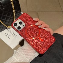 Glitter Bling Case for Apple iPhone 13 Pro Max, Slim Fit Shiny Magnetic Back Cover Stylish Drop Protective Scratch Resistant Phone Case for Girls Women, Red