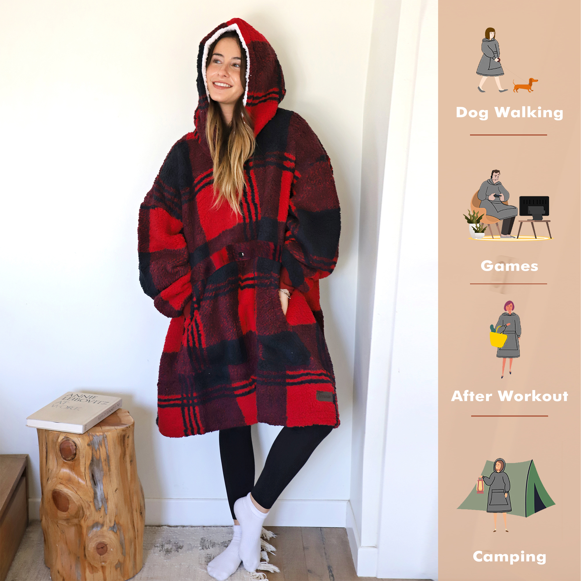 Tirrinia Oversized Blanket Hoodie, Wearable Fluffy Sherpa Blanket, Cozy Sweatshirt Blanket Gift for Adult Women Men Girlfriend, Black Plaid