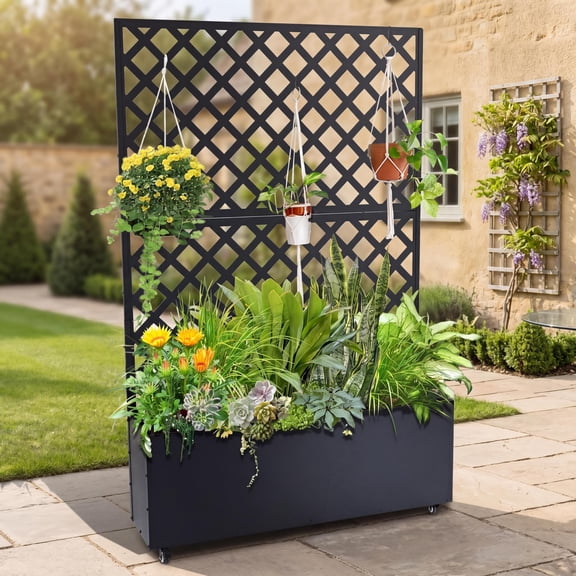Metal Raised Garden Bed with Trellis, Mobile Planter Box with Wheels & Drainage Holes, Elevated Outdoor Planter for Patio Balcony Yard, Climbing Plants Vegetables Flowers, Black & White