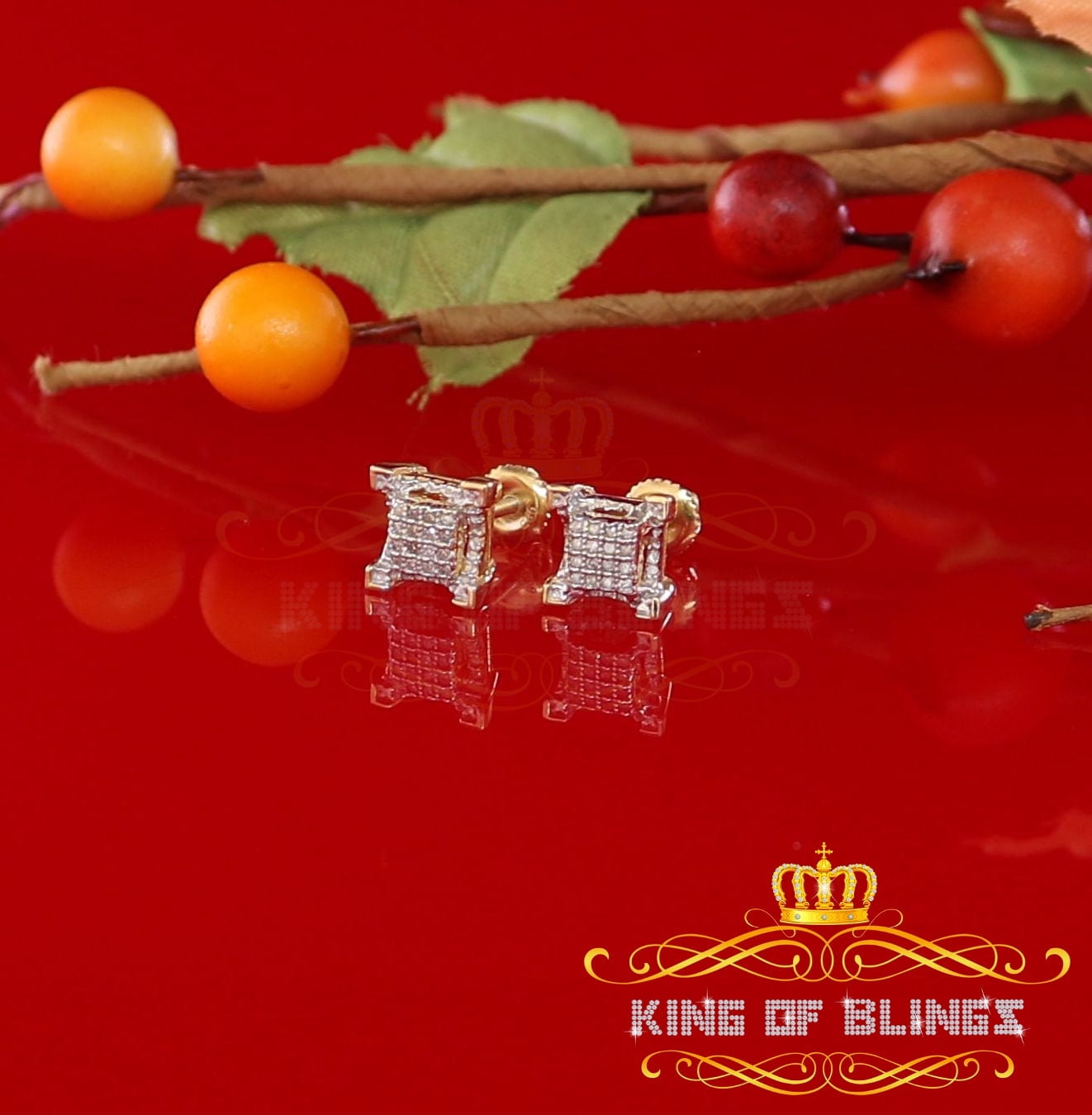 King of Bling's 0.10ct Diamond Stud Earrings For Women Yellow 925 Sterling Silver Stud For Men