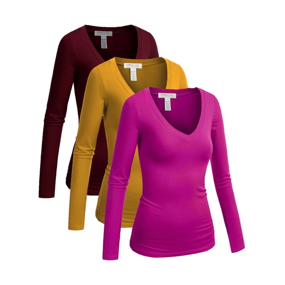 Emmalise Women's Junior amd Plus Size Vneck Tshirt Long Sleeves Shirt Tee, 2XL, 3Pk Burgundy, Mustard, Fuschia