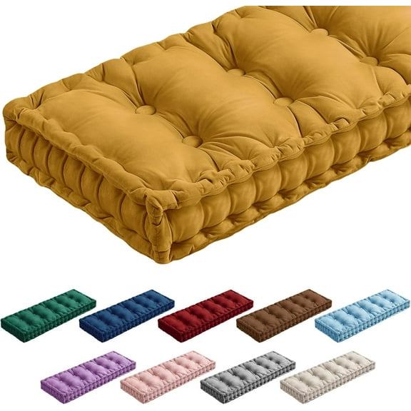 Bench Cushions for Indoor Furniture 42x16 in Velvet Kitchen Dining Piano Window Seat Cushion, Tufted Patio Porch Swing Thicken Bench Pad Memory Foam(Yellow)