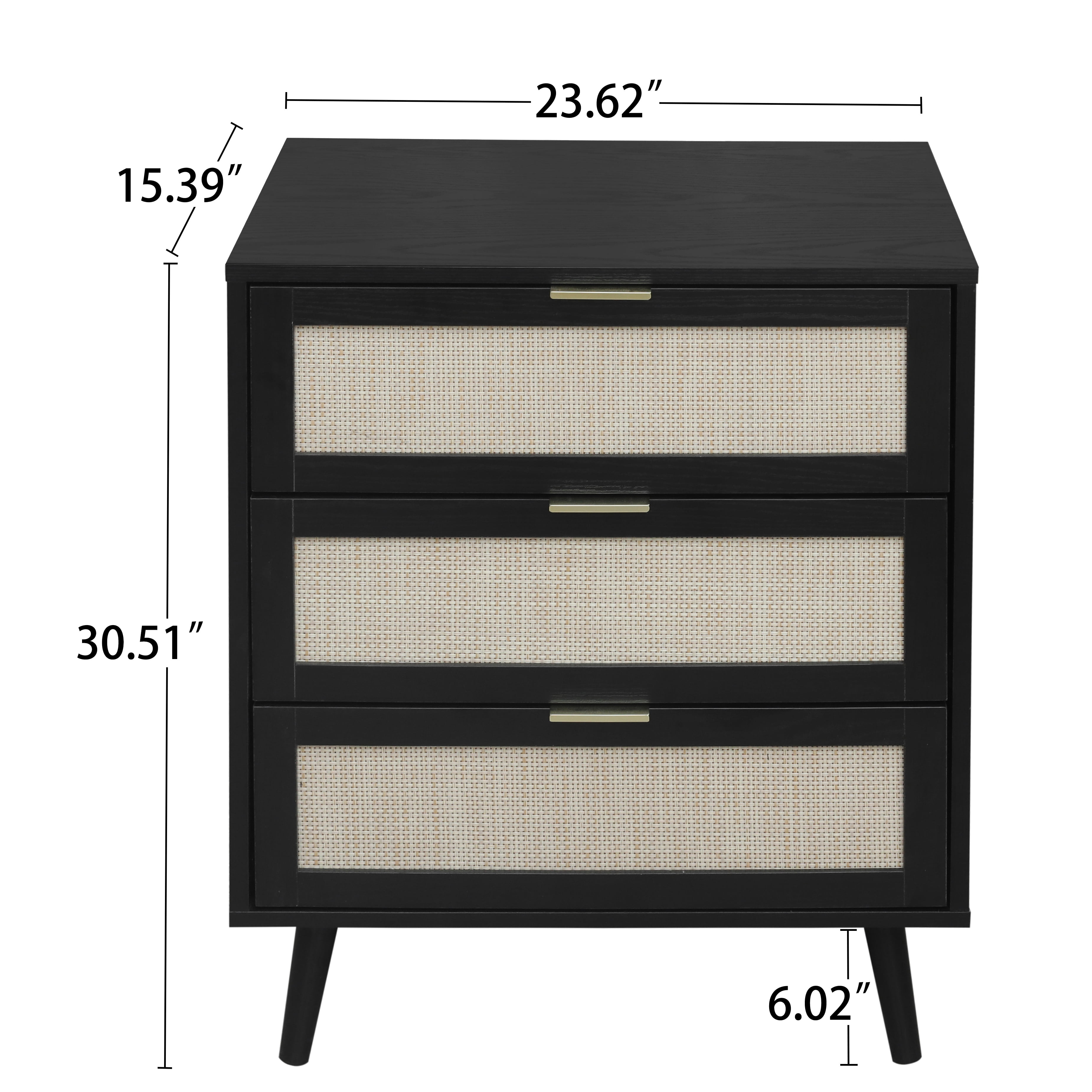 Aukfa 3 Drawer Tall Dresser Nightstand with Rattan Storage Drawer for Bedroom Living Room, Black