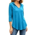 thumbnail image 2 of Ozmmyan Womens V Neck Hooded Top 3/4 Sleeve Drawstring Pullover Loose Casual Solid Color Plus Size Lightweight Hoodie, 2 of 8
