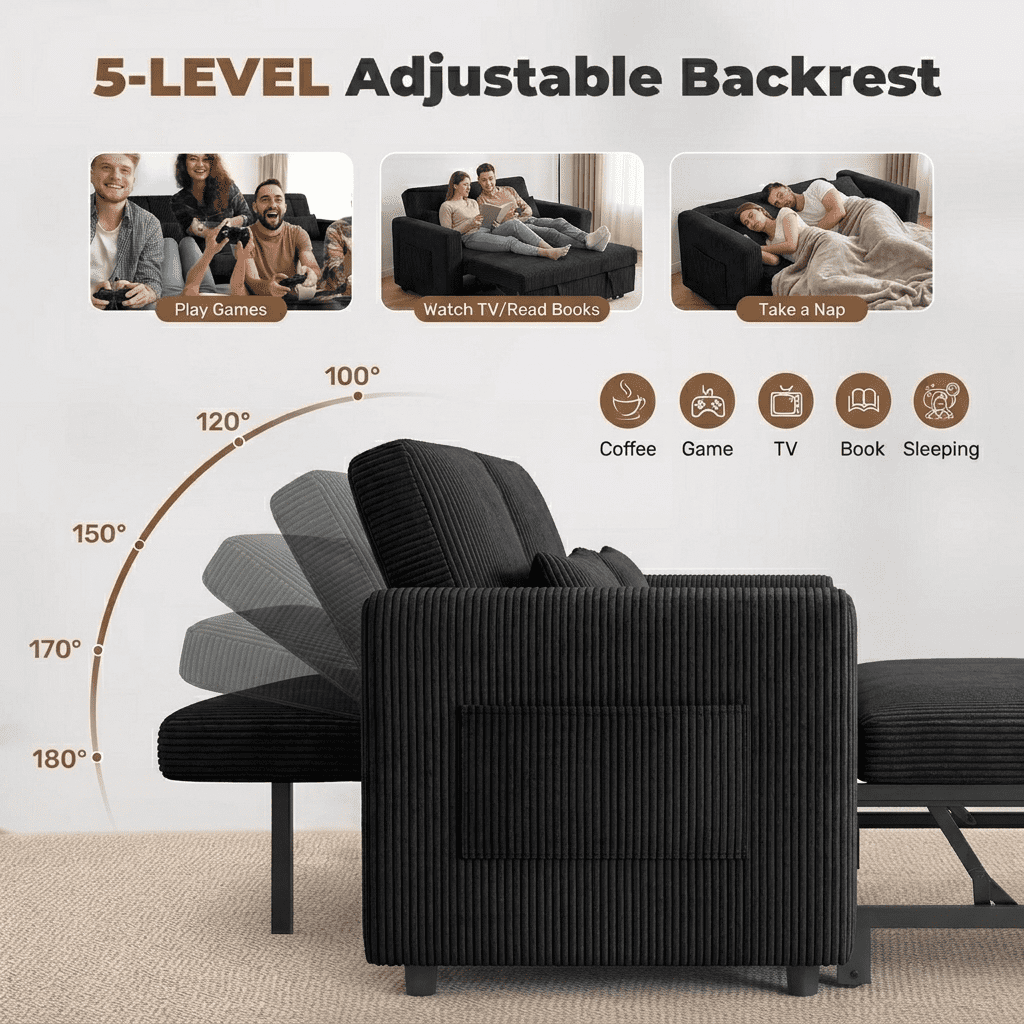 Howcool Sleeper Sofa Bed, Pull Out Couch, 3-in-1 Convertible Loveseat Sofa with Adjustable Backrest, Corduroy Couch for Living Room, Apartment & Small Space, Black