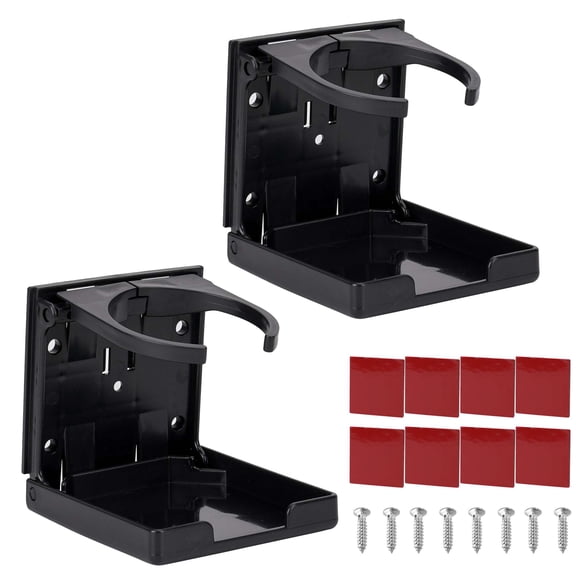 Gustave 2 Pack Adjustable Folding Boat Cup Holder Drink Holders with Screws & Stickers for Outdoor, Home, Car, RV (Black)