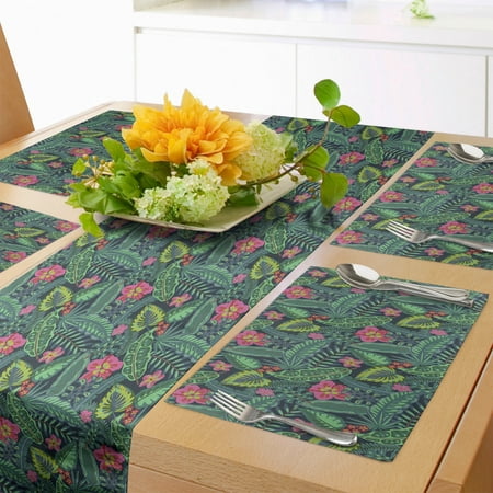 

Foliage Table Runner & Placemats Natural Theme Tropical Jungle and Palm Leaves Along Exotic Flowers Set for Dining Table Placemat 4 pcs + Runner 16 x72 Grey Teal and Pale Fuchsia by Ambesonne