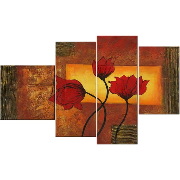 Design Art Red Flowers Canvas Print, 4 Pieces, 52" x 32"