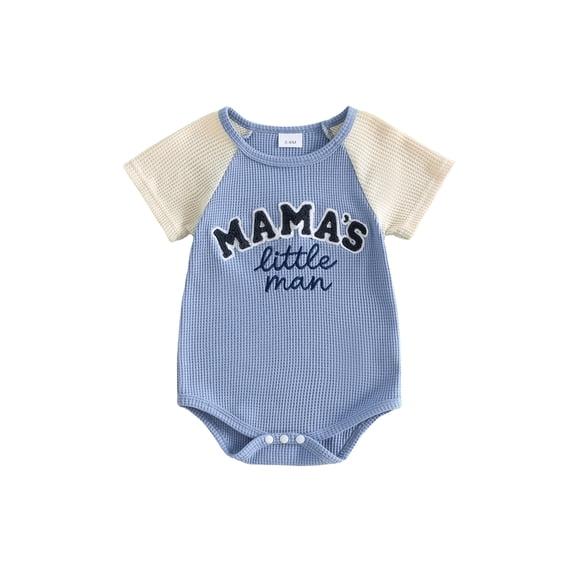 BemeyourBBs Newborn Baby Boy Summer Clothes Baby Boys Mama's Little Man Outfit Waffled Bubble Romper Casual Letter Embroidery Crew Neck Raglan Short Sleeve Bodysuit Jumpsuit