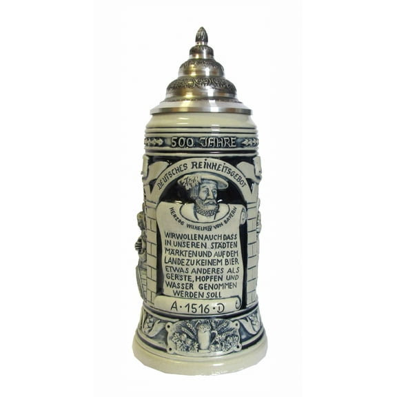 German Beer Stein 500 Years Beer Purity Law 1 liter tankard, beer mug KI 519/SG 1L