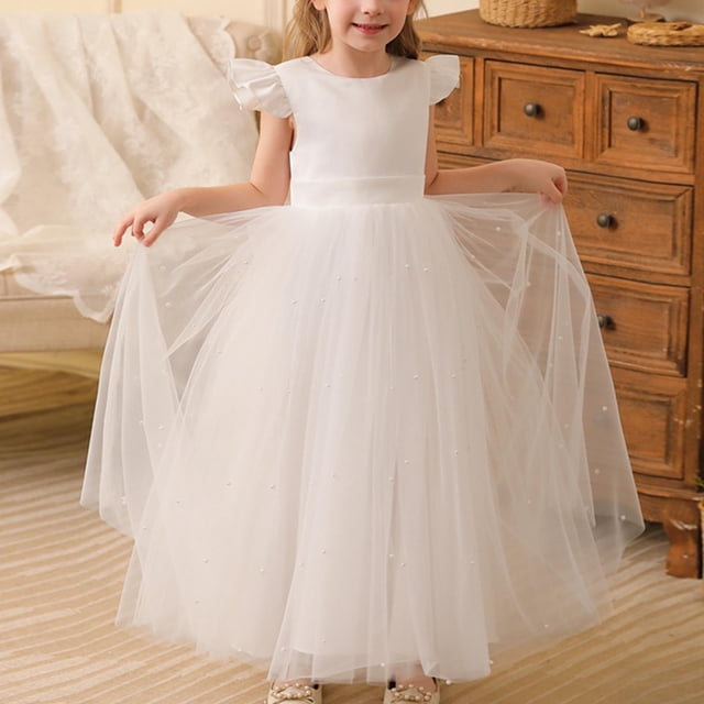 LOVZFMLL Girls' Summer Short Sleeve Ruffled Lace Round-Neck Embroidery Mesh Princess Bow Skirt