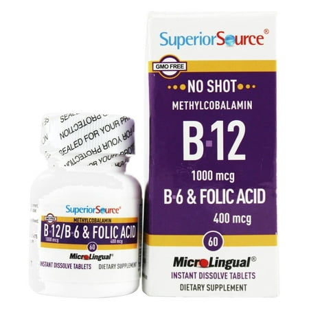 Superior Source - Pas de tir B12 méthylcobalamine 1000 mcg 400 mcg B6 et l'acide folique - 60 comprimés